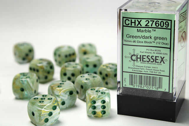 Chessex 16mm d6 with pips Dice Blocks (12 Dice) - Marble Green w/dark green