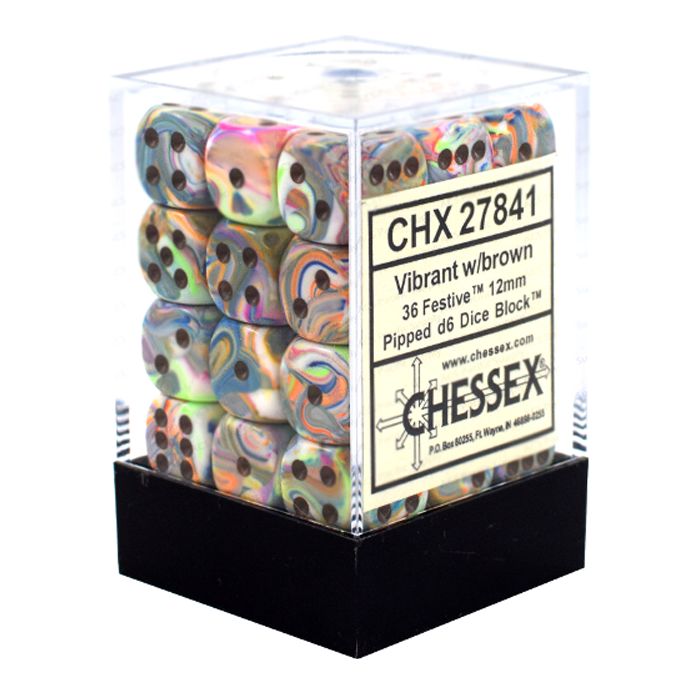 Chessex Signature 12mm d6 with pips Dice Blocks (36 Dice) - Festive Vibrant w/brown