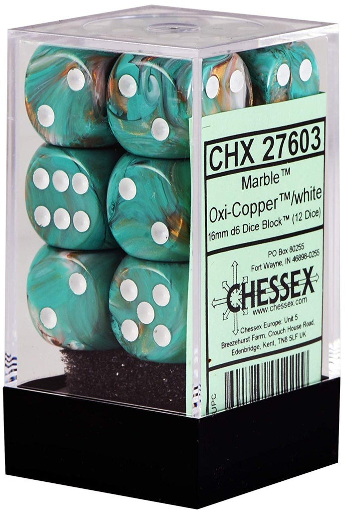 Chessex 16mm d6 with pips Dice Blocks (12 Dice) - Marble Oxi‑Copper/white კამათელი