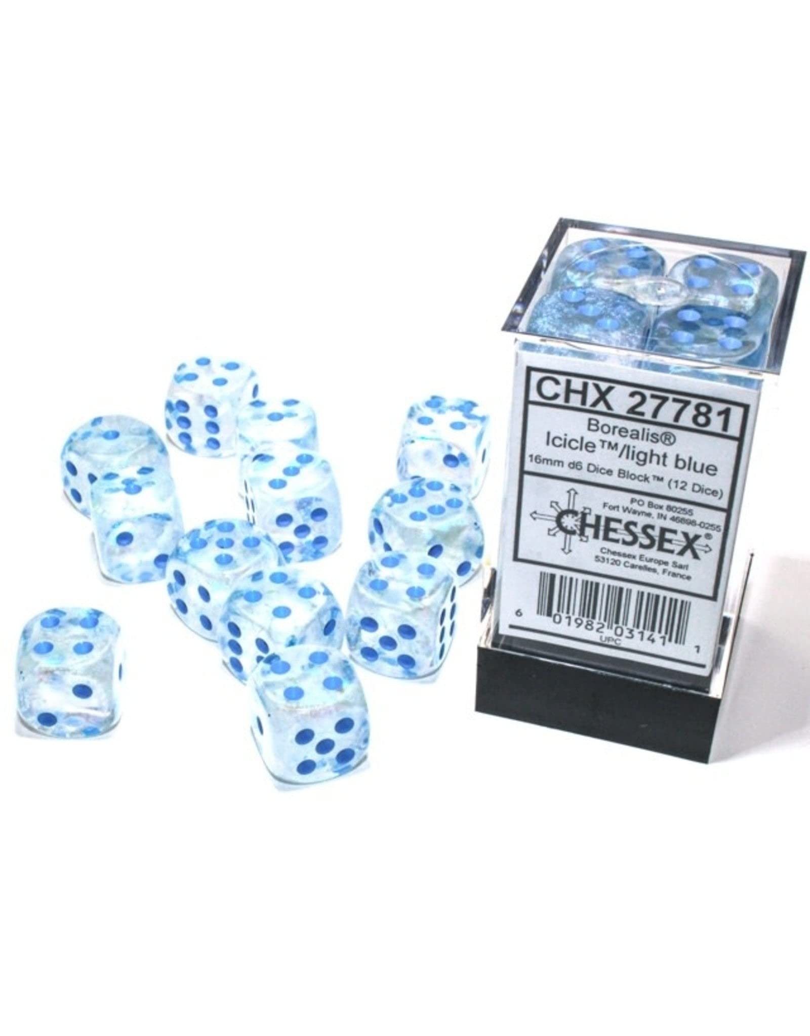 Chessex Borealis 16mm d6 Icicle/light blue Luminary Dice Block (12 dice) კამათელი