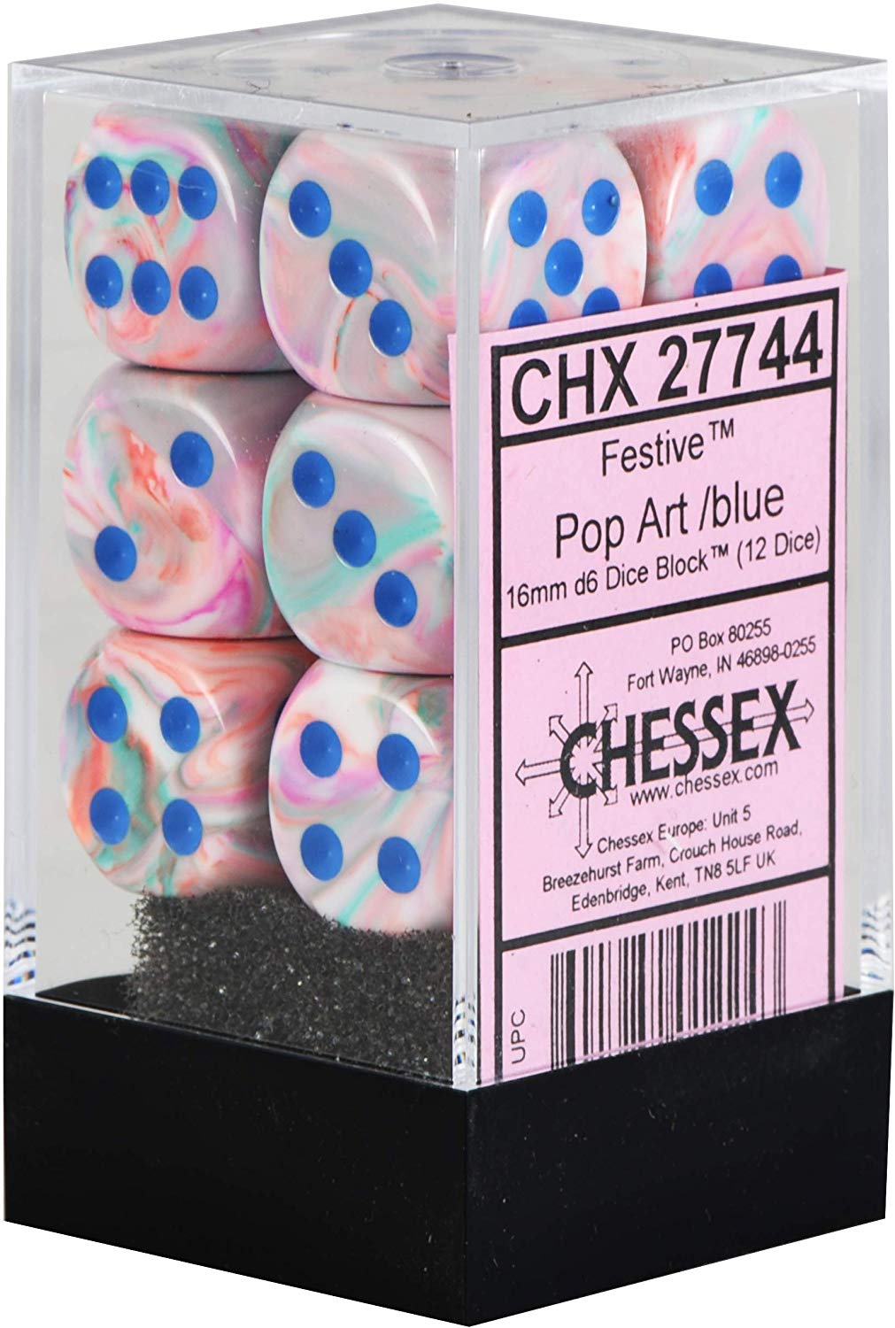 Chessex 16mm d6 with pips Dice Blocks (12 Dice) - Festive Polyhedral Pop Art /blue კამათელი