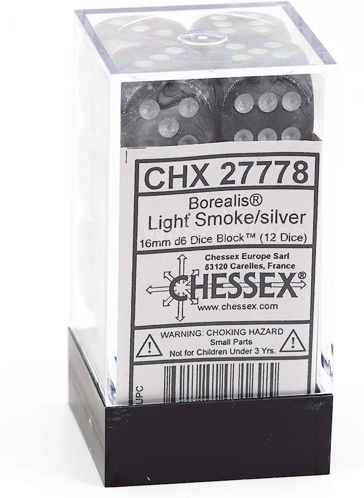 Chessex Borealis 16mm d6 Light Smoke/silver Luminary Dice Block (12 dice) კამათელი