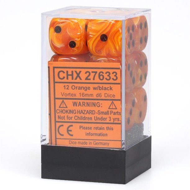 CHESSEX d6Cube16mm Vortex Orange Black (12) (Dice Set) კამათელი