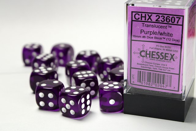 Dice Set Trans Purple/White 16mm (12)