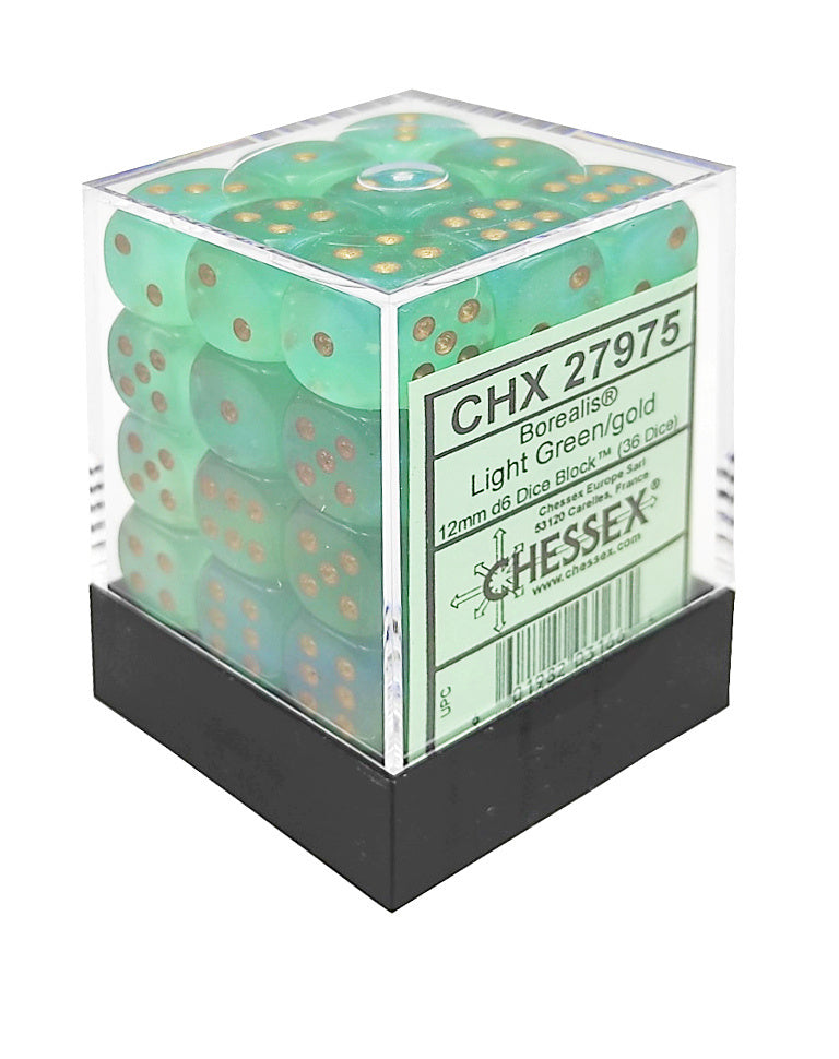 Chessex Borealis 12mm d6 Light Green/gold Luminary Dice Block (36 dice) კამათელი