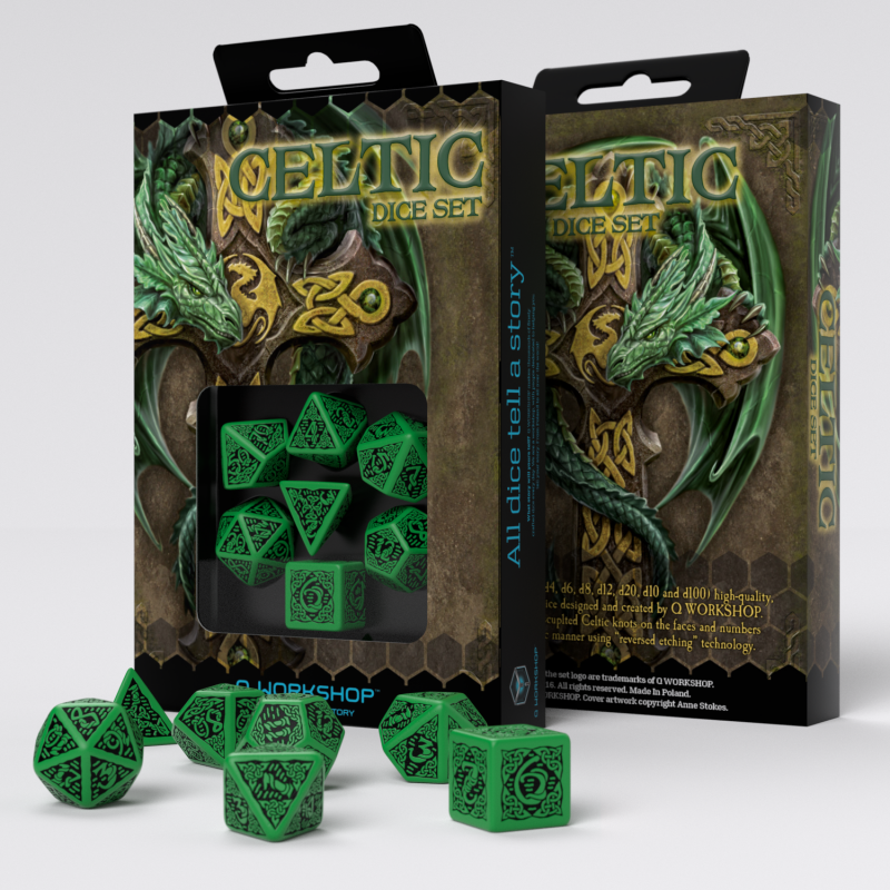 Celtic 3D Revised Green & black Dice Set (7) კამათელი