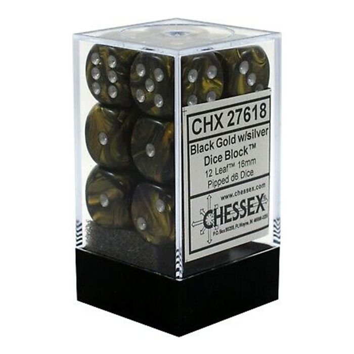 Chessex 16mm d6 with pips Dice Blocks (12 Dice) - Leaf Black Gold w/silver კამათელი