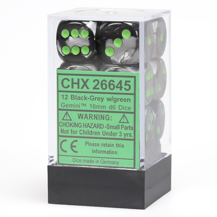 Chessex Gemini 16mm d6 with pips Dice Blocks (12 Dice) - Black-Grey w/green კამათელი