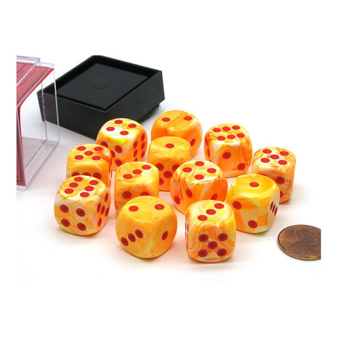Chessex 16mm d6 with pips Dice Blocks (12 Dice) - Festive Sunburst w/red კამათელი