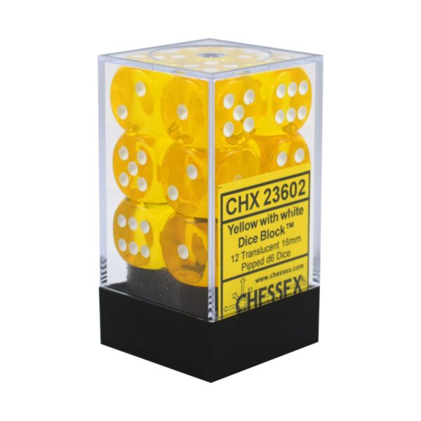 Chessex Translucent 16mm d6 with pips Dice Blocks (12 Dice) - Yellow w/white კამათელი