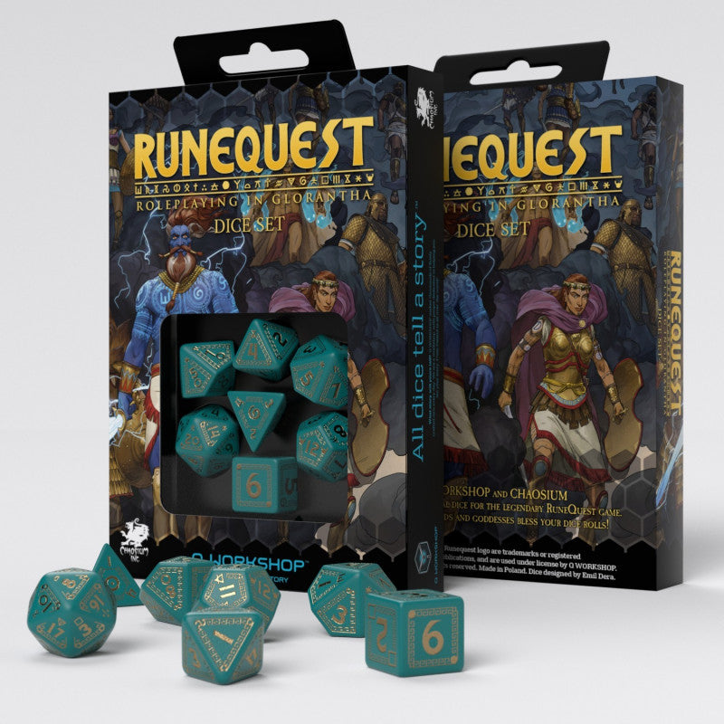 RuneQuest Turquoise & gold Dice Set (7) კამათელი