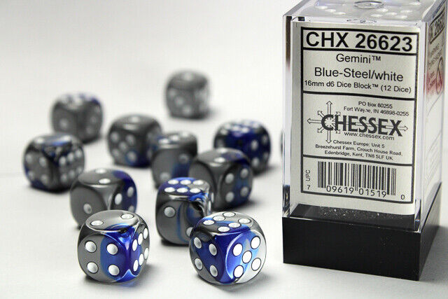 Dice Set Gemi 16mm Blue-Steel Wh D6 (12)