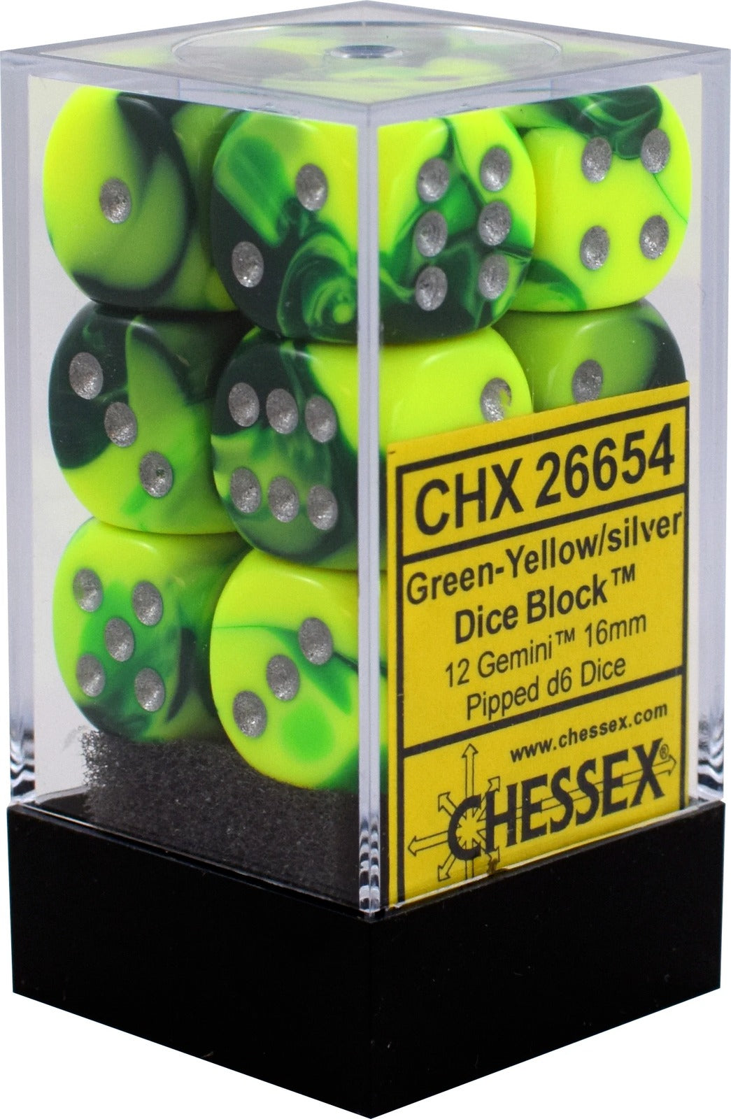 Chessex Gemini 16mm d6 with pips Dice Blocks (12 Dice) - Green-Yellow w/silver კამათელი