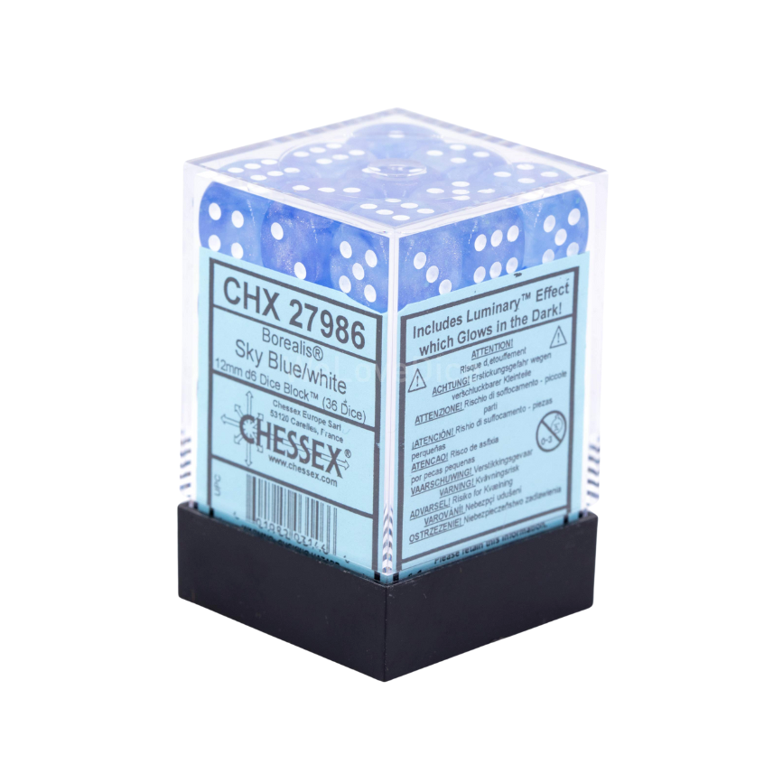 Chessex Borealis 12mm d6 Sky Blue/white Luminary Dice Block (36 dice) კამათელი