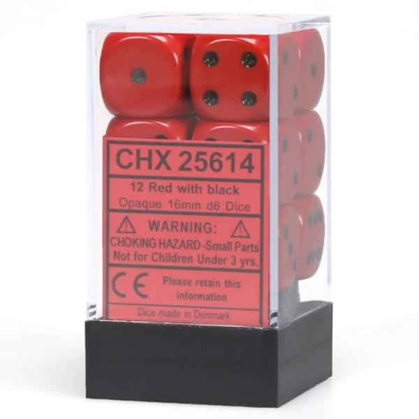 Chessex Opaque 16mm d6 with pips Dice Blocks (12 Dice) - Red w/black