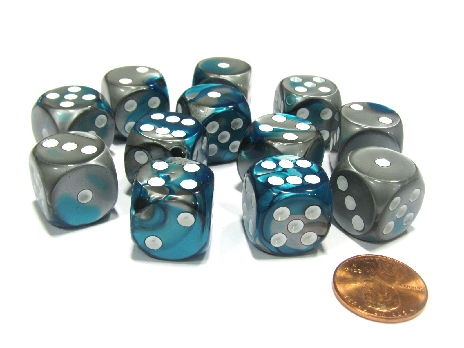 Dice Gemini 12mm d6 Dice Blocks with pips Dice Blocks (36 Dice) - Steel-Teal w/white კამათელი