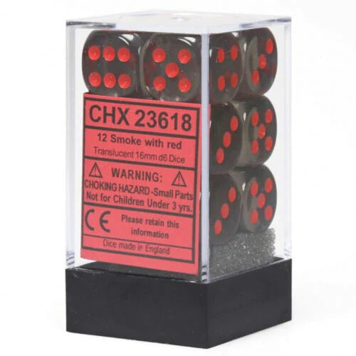 Chessex Translucent 16mm d6 with pips Dice Blocks (12 Dice) - Smoke w/red