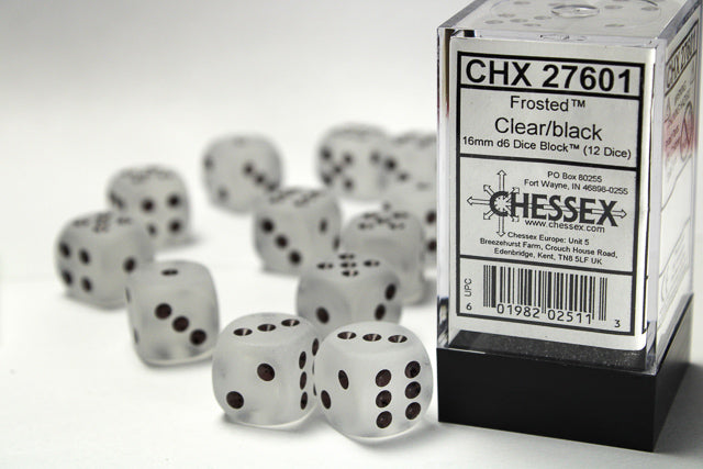 Chessex 16mm d6 with pips Dice Blocks (12 Dice) - Frosted Clear w/black