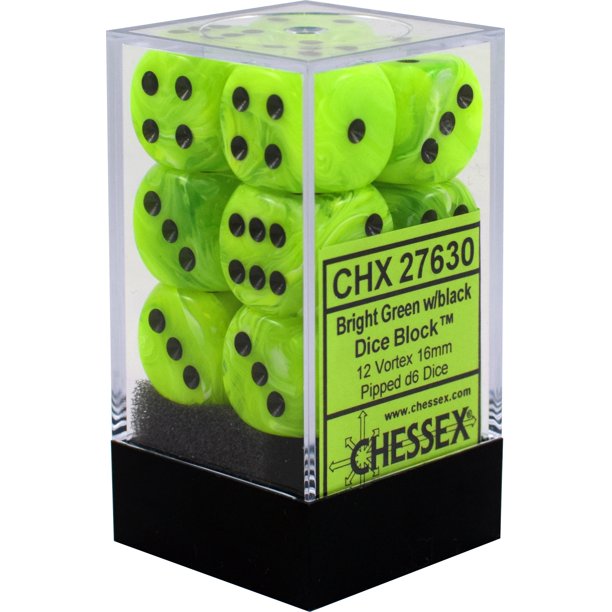 Dice 16mm d6 with pips Dice Blocks (12 Dice) - Vortex Bright Green w/black კამათელი