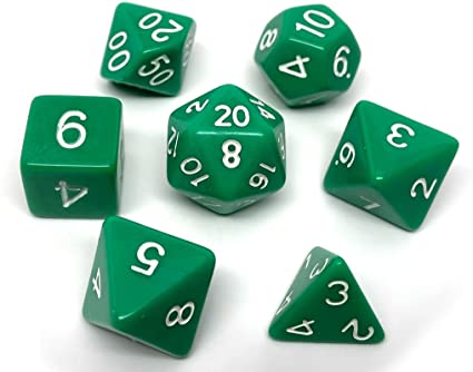 Dice Opaque Polyhedral 7-Die Sets - Green w/white კამათელი