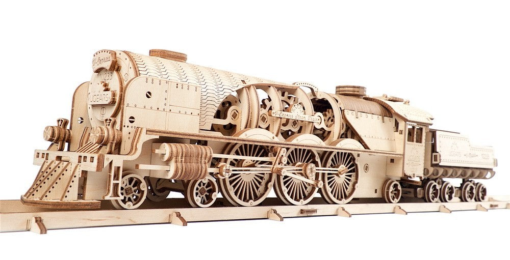 ხის სათამაშო ასაწყობი  მოდელი “ვი-ექსპრეს ორთქლმავალი მისაბმელით” (V-Express Steam Train with Tender) ხის სათამაშო ასაწყობი 