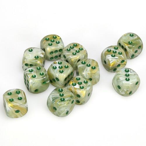 Chessex 16mm d6 with pips Dice Blocks (12 Dice) - Marble Green w/dark green