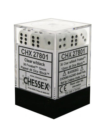 Dice Signature 12mm d6 with pips Dice Blocks (36 Dice) - Frosted Clear w/black კამათელი