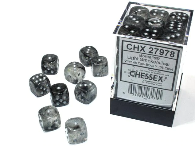 Dice Borealis 12mm d6 Light Smoke/silver Luminary Dice Block (36 dice) კამათელი