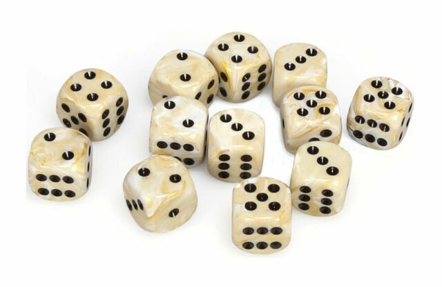 Chessex 16mm d6 with pips Dice Blocks (12 Dice) - Marble Ivory w/black