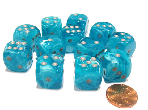 Dice Signature 12mm d6 with pips Dice Blocks (36 Dice) - Cirrus Aqua w/silver კამათელი