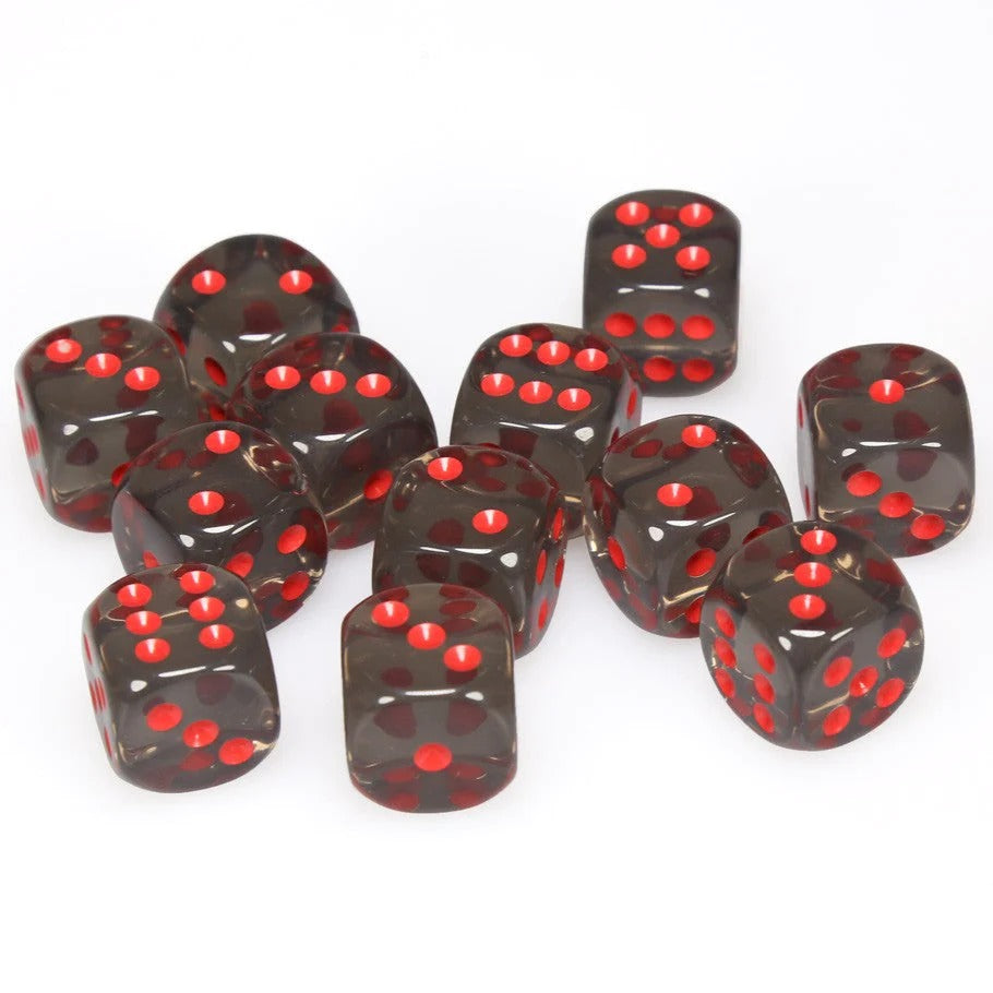 Chessex Translucent 16mm d6 with pips Dice Blocks (12 Dice) - Smoke w/red