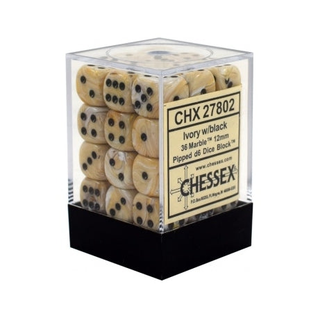 Chessex Signature 12mm d6 with pips Dice Blocks (36 Dice) - Marble Ivory w/black