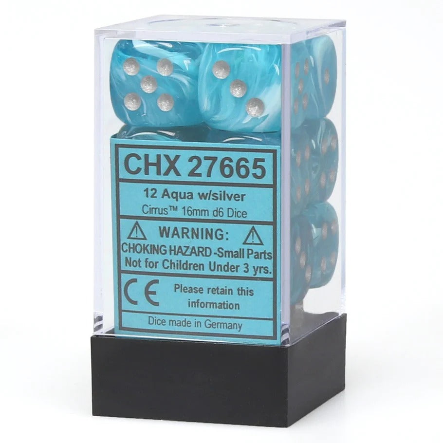 Chessex 16mm d6 with pips Dice Blocks (12 Dice) - Cirrus Aqua w/silver