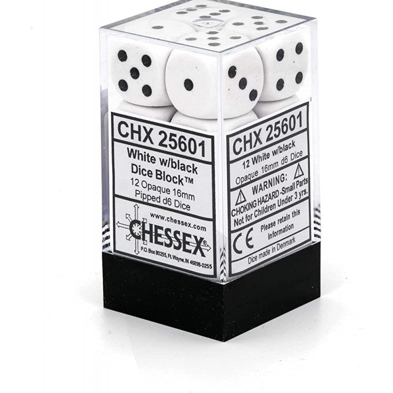 Chessex Opaque 16mm d6 with pips Dice Blocks (12 Dice) - White w/black