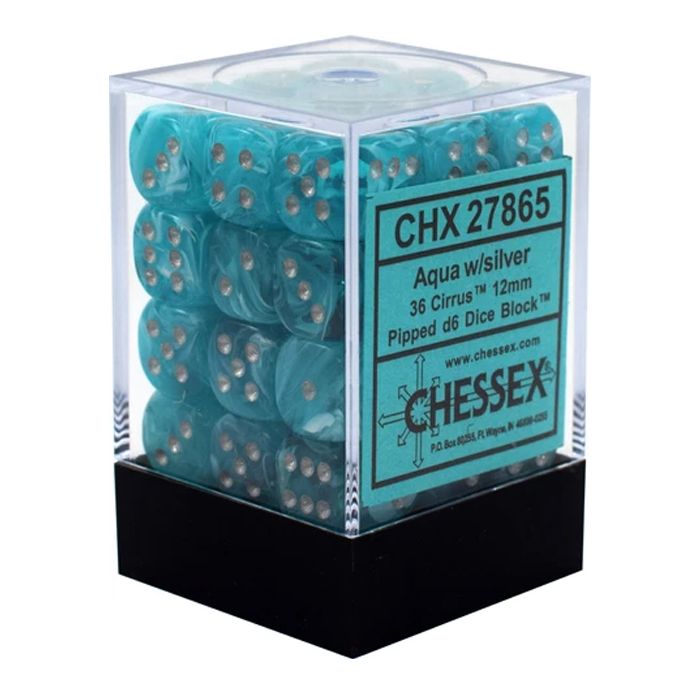 Dice Signature 12mm d6 with pips Dice Blocks (36 Dice) - Cirrus Aqua w/silver კამათელი