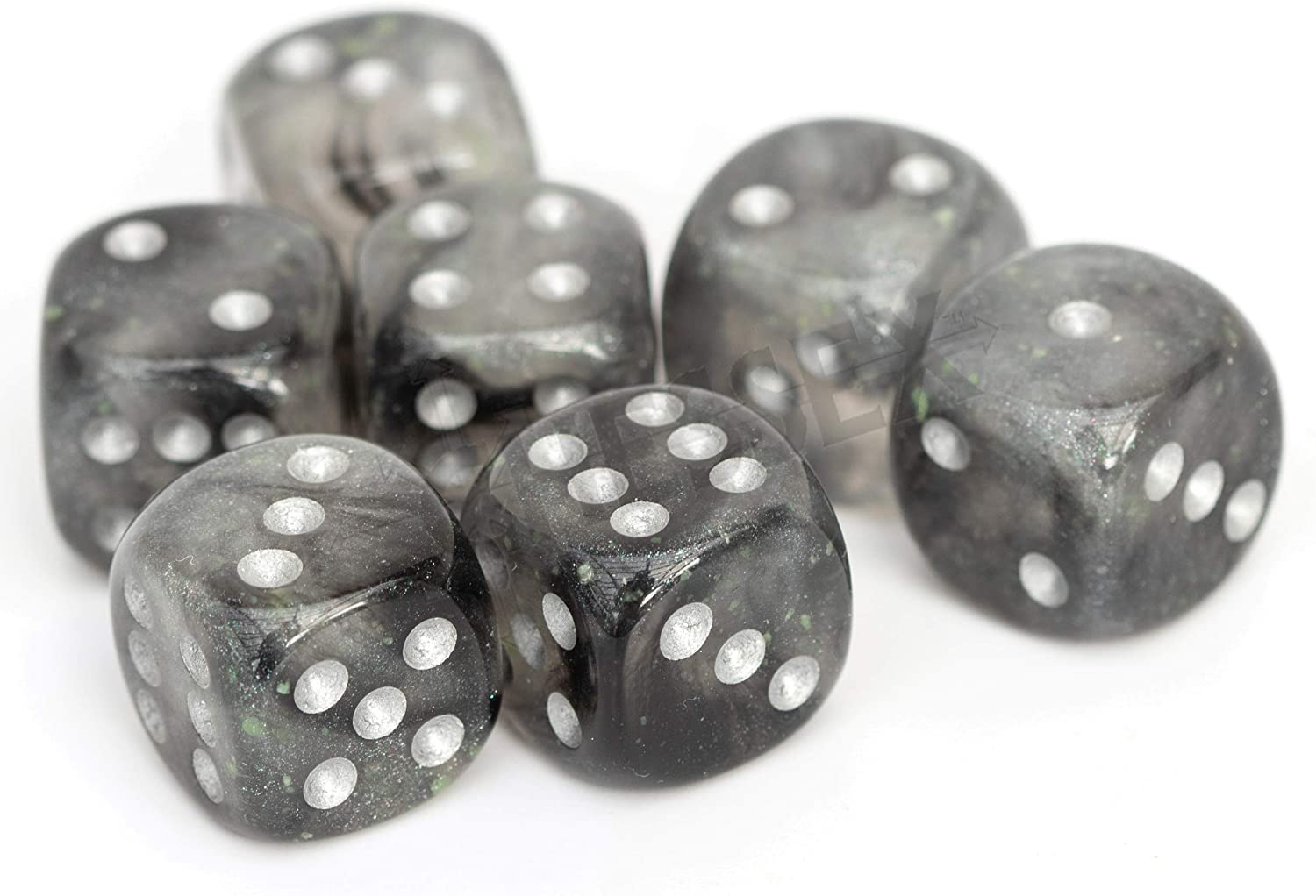 Dice Borealis 12mm d6 Light Smoke/silver Luminary Dice Block (36 dice) კამათელი